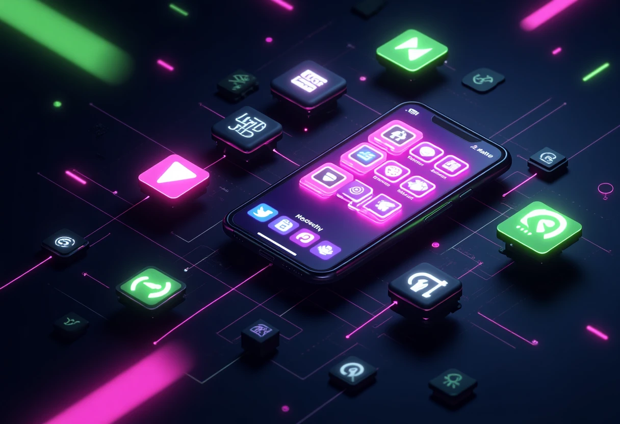 Social media app icons in a cyberpunk theme